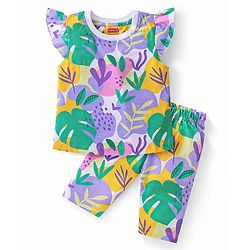 Babyhug Cotton Knit Single Jersey Frill Sleeves Night Suit with Print - Purple & Green