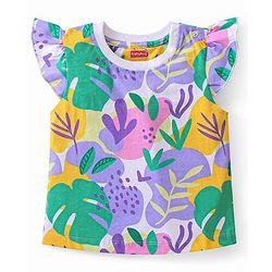 Babyhug Cotton Knit Single Jersey Frill Sleeves Night Suit with Print - Purple & Green