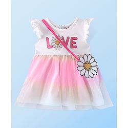 Babyhug Single Jersey Knit Frill Sleeves Text Print Frock with Floral Shaped Sling - White & Pink