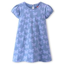 Babyhug Cotton Knit Half Sleeves Nighty With Butterfly Print - Blue