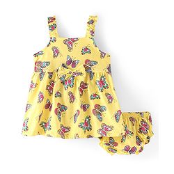 Babyhug Single Jersey Knit Singlet Sleeves Butterfly Printed Frock with Bloomer - Yellow