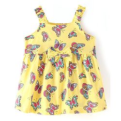 Babyhug Single Jersey Knit Singlet Sleeves Butterfly Printed Frock with Bloomer - Yellow