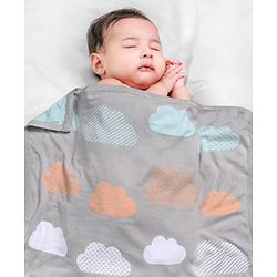 Babyhug Premium Knitted Cotton All Season Blanket Cloud Print - Grey Multicolour