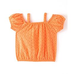 Babyhug Cotton Half Sleeve Schiffli Top With Bow Applique - Orange
