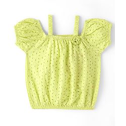 Babyhug Cotton Half Sleeve Schiffli Top With Bow Applique - Lime Green