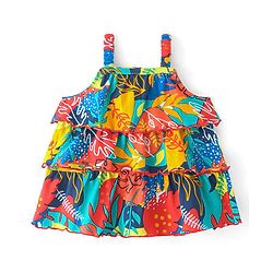 Babyhug 100% Cotton Knit Sleeveless Top with Frills & Tropical Theme- Multicolor