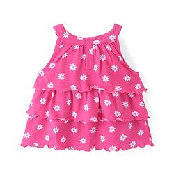 Babyhug Cotton Knit Sleeveless Tiered Top with Floral Print - Pink