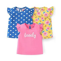 Babyhug Cotton Knit Frill Sleeves Tops with Polka Dot Floral & Text Graphics - Multicolour