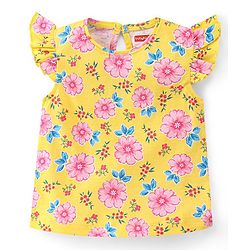 Babyhug Cotton Knit Frill Sleeves Tops with Polka Dot Floral & Text Graphics - Multicolour
