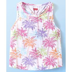 Babyhug Cotton Sleeveless Top With All Over Coconut Trees Print and Back Knot - White