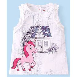 Babyhug Cotton Knit Sleeveless Unicorn Graphics & Frill Detailing Top - White