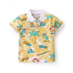 Babyhug 100% Cotton Knit Half Sleeves Polo T-Shirt With Beach Theme Print - Yellow