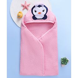 Babyhug Terry Woven Hooded Towel Penguin Print L 76 x B 76 cm- Pink