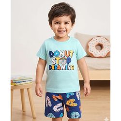 Babyhug Cotton Knit Single Jersey Half Sleeves Night Suit With Text Print - Blue