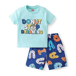 Babyhug Cotton Knit Single Jersey Half Sleeves Night Suit With Text Print - Blue
