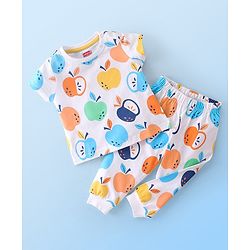 Babyhug Cotton Knit Single Jersey Half Sleeves Night Suit With Apple Print - White