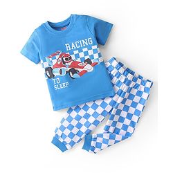 Babyhug Cotton Knit Single Jersey Half Sleeves Night Suit With F1 Racing Print - Blue
