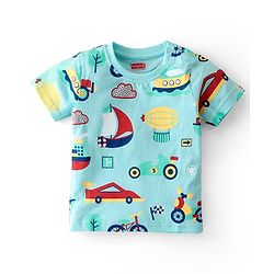 Babyhug Cotton Knit Single Jersey Half Sleeves Night Suit With Vehicles Print - Blue