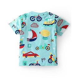 Babyhug Cotton Knit Single Jersey Half Sleeves Night Suit With Vehicles Print - Blue