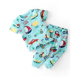 Babyhug Cotton Knit Single Jersey Half Sleeves Night Suit With Vehicles Print - Blue