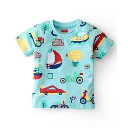Babyhug Cotton Knit Single Jersey Half Sleeves Night Suit With Vehicles Print - Blue