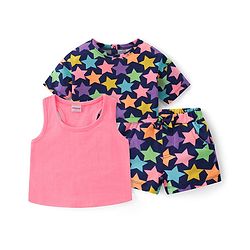 Babyhug Single Jersey Knit Sleeveless & Half Sleeves T-Shirts & Shorts Set Star Print - Pink & Navy Blue