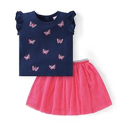 Babyhug Single Jersey Knit Frill Sleeves Top & Skirt with Butterfly Embroidery - Navy Blue & Pink