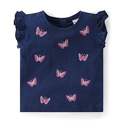 Babyhug Single Jersey Knit Frill Sleeves Top & Skirt with Butterfly Embroidery - Navy Blue & Pink