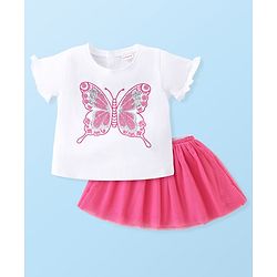 Babyhug 100% Cotton Knit Half Sleeves Top & Skirt Set Butterfly Embroidery - White & Pink