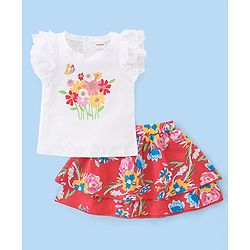 Babyhug 100% Cotton Knit Frill Sleeves Floral Print Top & Skirt Set - White & Red