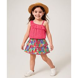 Babyhug 100% Cotton Knit Sleeveless Top & Skirt Set Floral Print- Multicolor