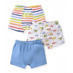 Babyhug 100% Cotton Knit Trunks Car Prints Pack of 3- White & Blue