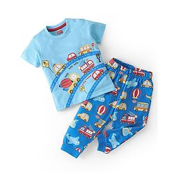 Babyhug Cotton Knit Single Jersey Half Sleeves Night Suit With Vehicle Print - Blue