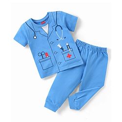 Babyhug Single Jersey Knit Half Sleeves Nightsuit Doctor Print - Blue