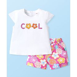 Babyhug 100% Cotton Knit Half Sleeves T-Shirt & Shorts Set Floral Print - White & Pink