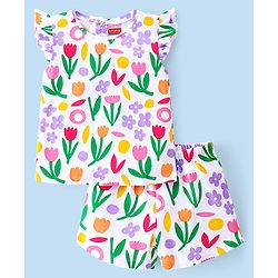 Babyhug Cotton Knit Single Jersey Frill Sleeves Night Suit With Floral Print - White