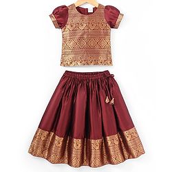 Babyhug  Short Sleeve Pattu Pavada  Choli Lehenga Set with Gold Foil Print - Maroon