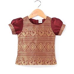Babyhug  Short Sleeve Pattu Pavada  Choli Lehenga Set with Gold Foil Print - Maroon