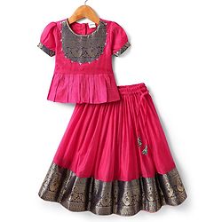 Babyhug Woven Half Sleeves Pattu Pavada Lehenga Choli Set With Floral & Lace Detailing - Dark Pink