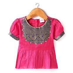 Babyhug Woven Half Sleeves Pattu Pavada Lehenga Choli Set With Floral & Lace Detailing - Dark Pink