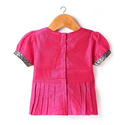 Babyhug Woven Half Sleeves Pattu Pavada Lehenga Choli Set With Floral & Lace Detailing - Dark Pink