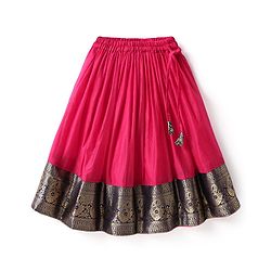 Babyhug Woven Half Sleeves Pattu Pavada Lehenga Choli Set With Floral & Lace Detailing - Dark Pink