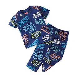 Babyhug Cotton Knit Half Sleeves Night Suit Text Print - Navy Blue