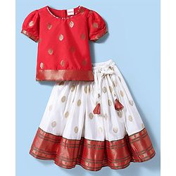 Babyhug Woven Half Sleeves Pattu Pavada Lehenga Choli Set With Floral & Lace Detailing - Red & White
