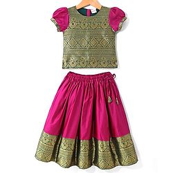Babyhug  Short Sleeve Pattu Pavada Choli Lehenga  Set with Gold Foil Print - Fuschia