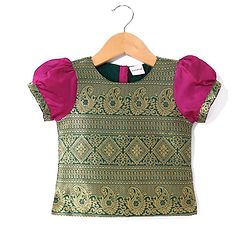 Babyhug  Short Sleeve Pattu Pavada Choli Lehenga  Set with Gold Foil Print - Fuschia