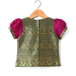 Babyhug  Short Sleeve Pattu Pavada Choli Lehenga  Set with Gold Foil Print - Fuschia