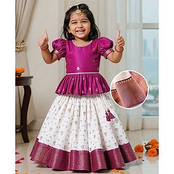 Babyhug Woven Half Puffed Sleeves Choli Lehenga Pattu Pavada Set With Floral Embroidery & Lace Detailing - White & Fuchsia