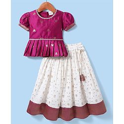 Babyhug Woven Half Puffed Sleeves Choli Lehenga Pattu Pavada Set With Floral Embroidery & Lace Detailing - White & Fuchsia