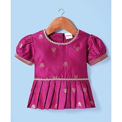 Babyhug Woven Half Puffed Sleeves Choli Lehenga Pattu Pavada Set With Floral Embroidery & Lace Detailing - White & Fuchsia